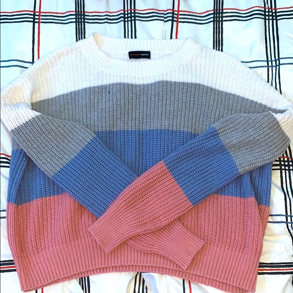 Long sleeve, sweater, white, gray, blue, and pink